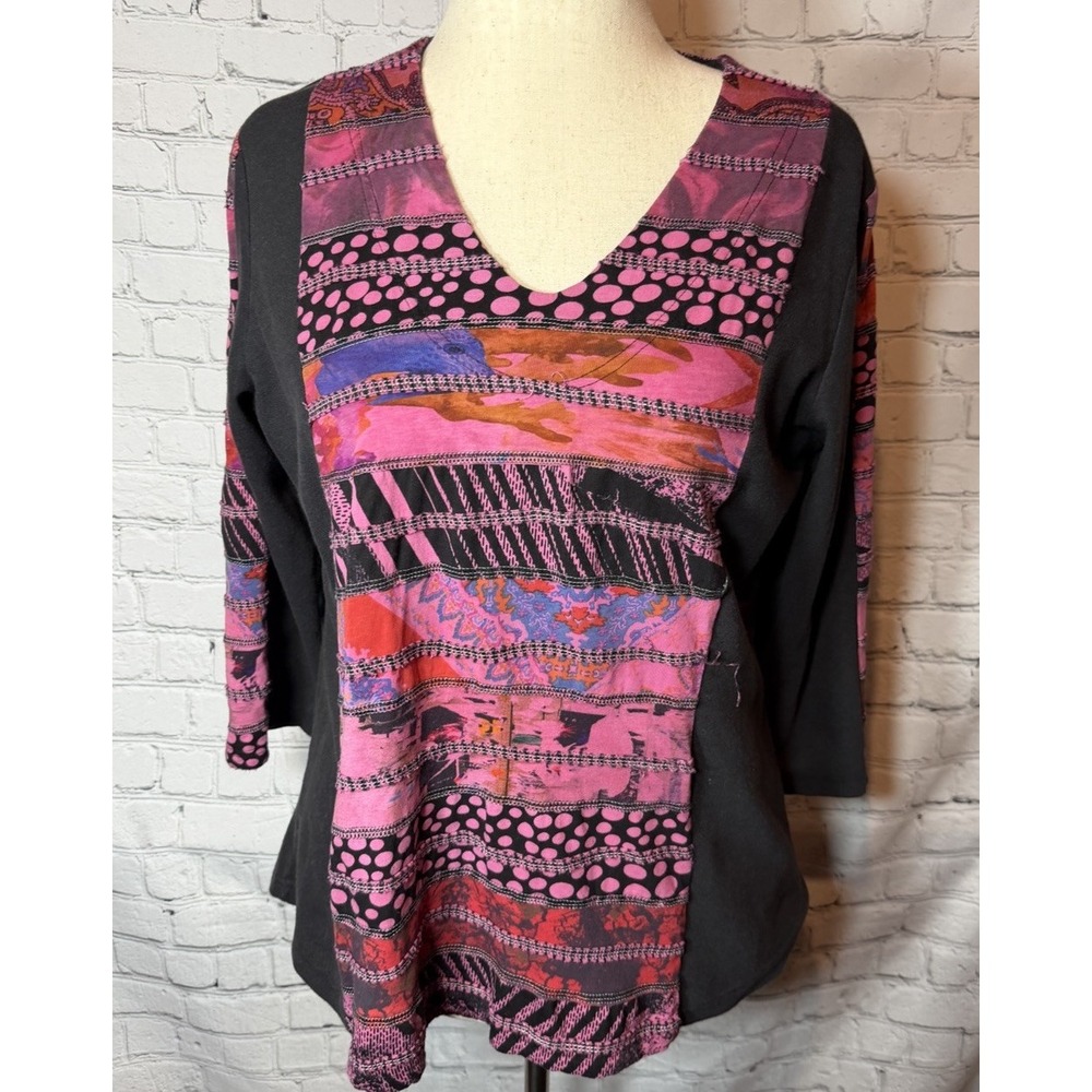 Parsley and Sage Asymmetrical Lagenlook Tunic Cotton Pink Gray Rag Top Large